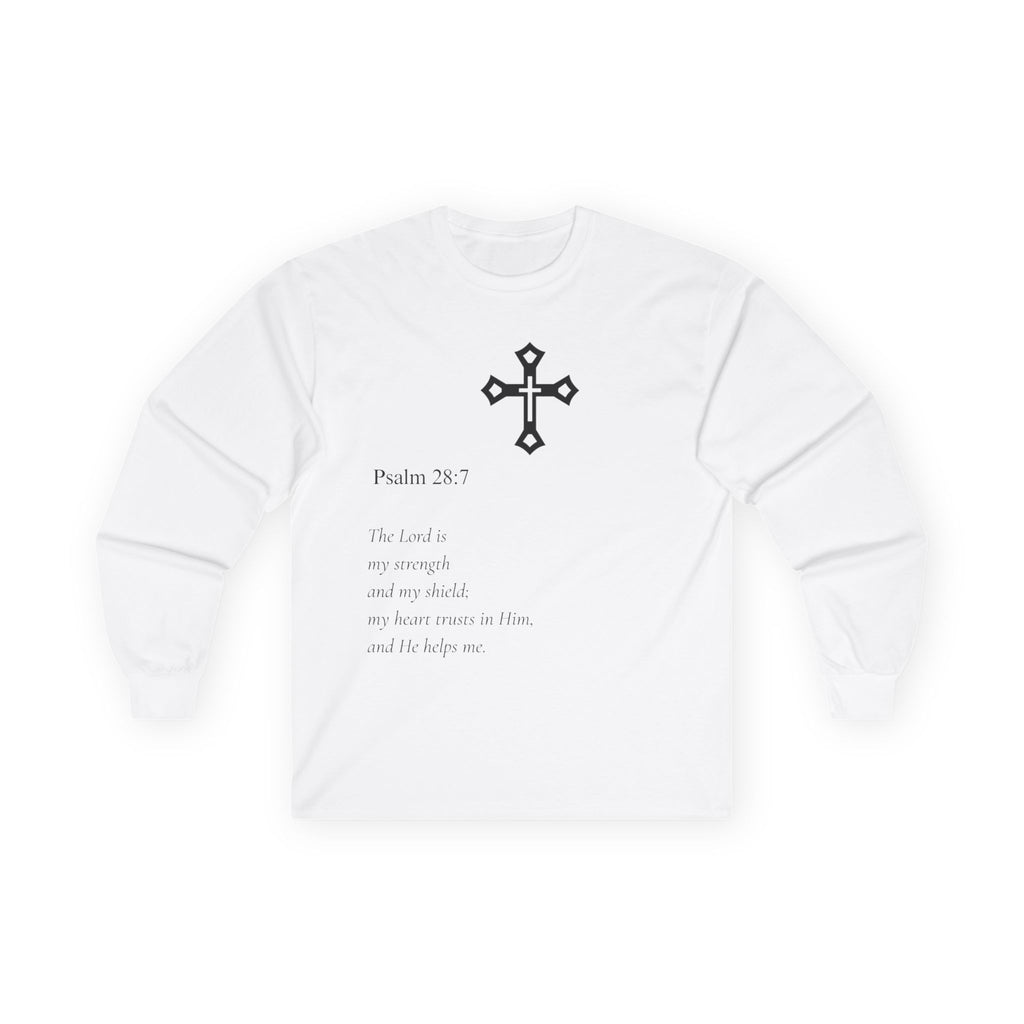 Faith-Inspired Long Sleeve Tee with Scripture, Christian Apparel, Inspirational Gift, Religious T-Shirt, Psalm 28:7