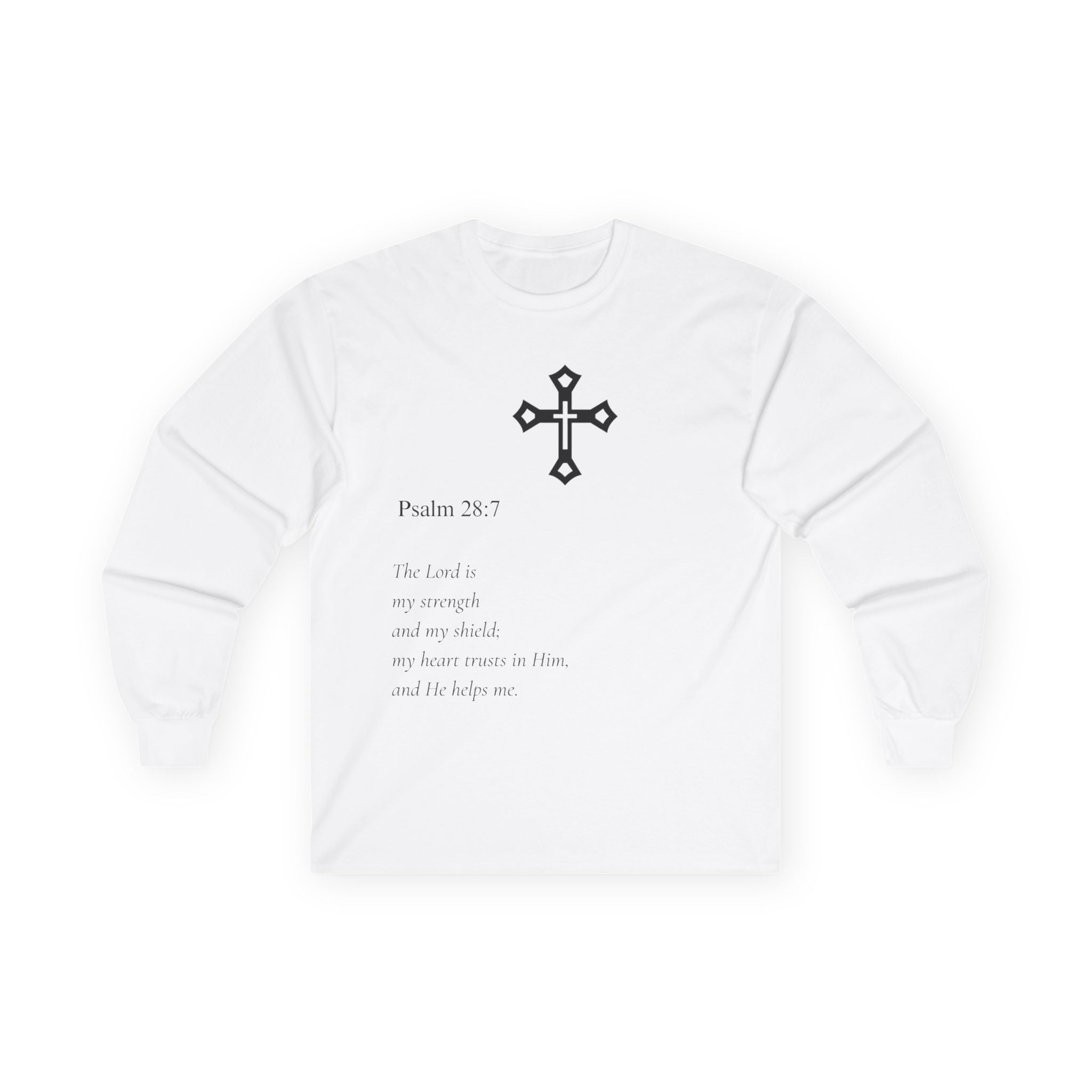 Faith-Inspired Long Sleeve Tee with Scripture, Christian Apparel, Inspirational Gift, Religious T-Shirt, Psalm 28:7